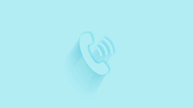Animated telephone handset icon with shadow on blue background. Neumorphism minimal style. Transparent background. 4K video motion graphic animation.