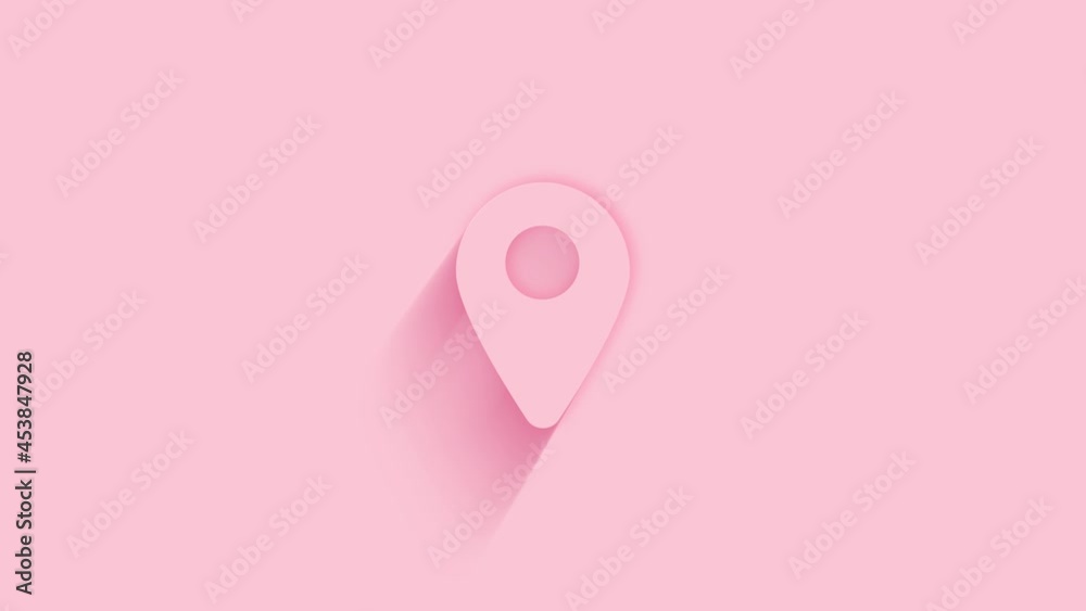 Poster Animated GPS location pointer icon with shadow on pink background. Neumorphism minimal style. Transparent background. 4K video motion graphic animation.