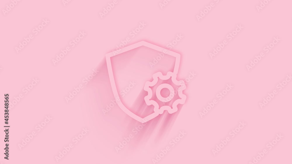 Poster Animated shield with settings gear icon with shadow on pink background. Neumorphism minimal style. Transparent background. 4K video motion graphic animation.
