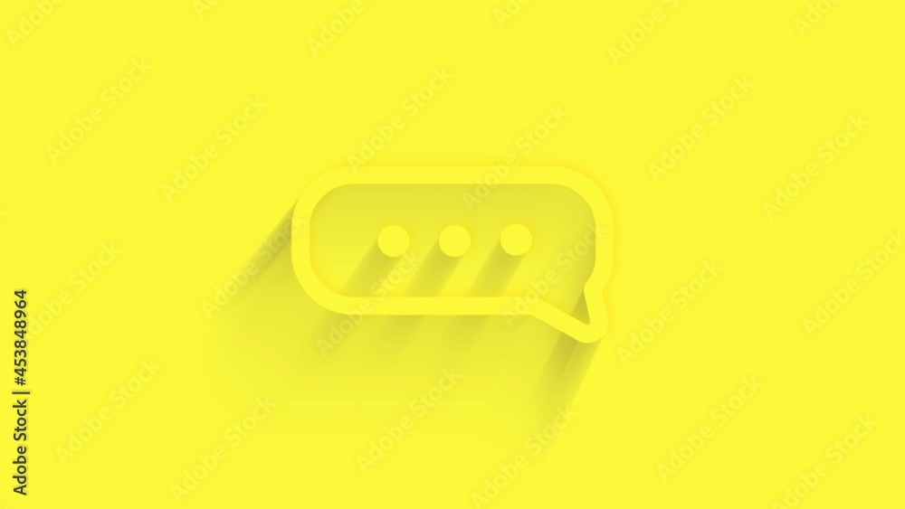 Poster Animated chat, speech bubble icon with shadow on yellow background. Neumorphism minimal style. Transparent background. 4K video motion graphic animation.