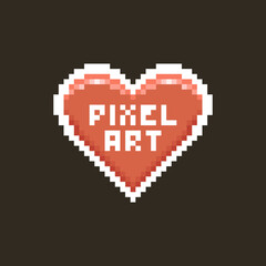 colorful simple flat pixel art illustration of cartoon red abstract heart with pixel art lettering on it