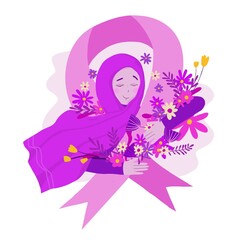 hand drawn breast cancer awareness illustration with a woman in hijab and floral around
