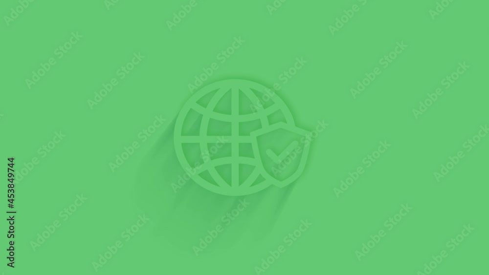 Poster Animated earth globe with checkmark icon with shadow on green background. Neumorphism minimal style. Transparent background. 4K video motion graphic animation.