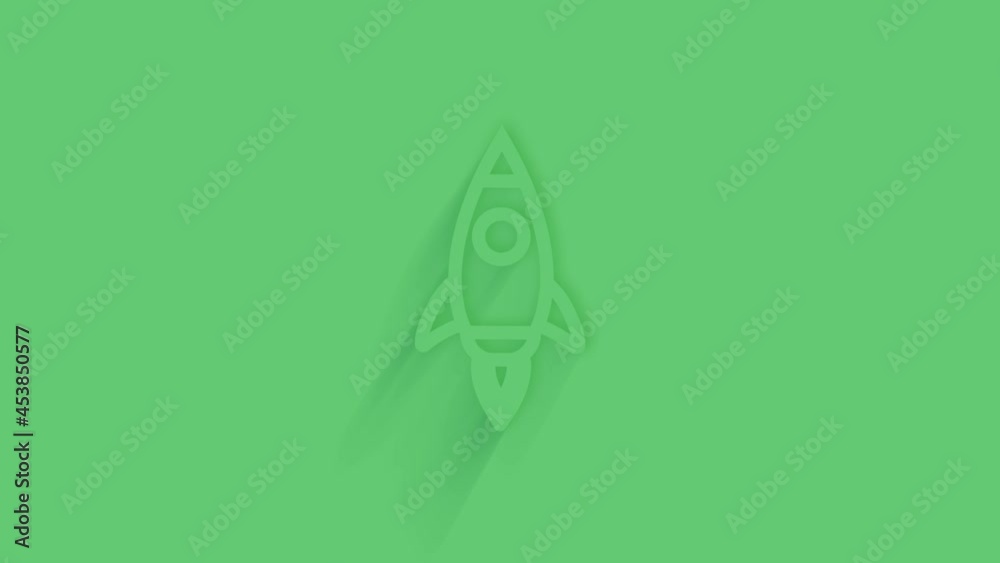 Poster animated rocket ship icon with shadow on green background. neumorphism minimal style. transparent ba