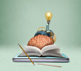 Art collage with a smartphone, open book, brain, gears and a light bulb. Online education, new...