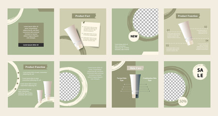 Minimal modern fashion and beauty social media post banner collection kit in green color. Including sale, photo isolated product display, tips template layout design with botanical leaf elements.