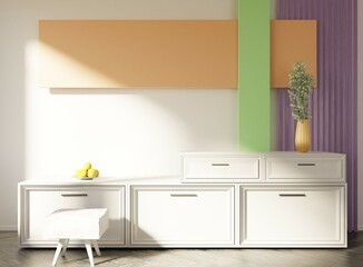 White table in a modern interior. Sunlight and wooden floor. Cozy interior in scandinavian style. 3D rendering.