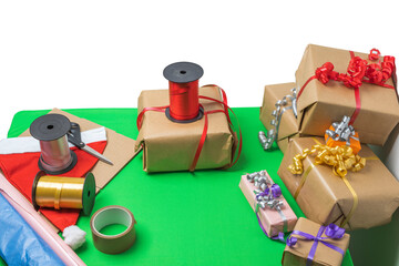 Сlose-up view of gifts packed in holiday boxes lying on the desktop. Christmas holiday concept. Postcard. Sweden. 