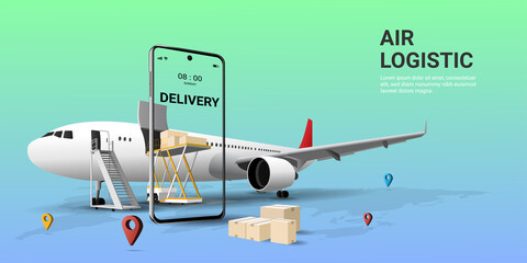 Online global transportation  delivery service on mobile by airplane. Air freight logistics. Online order. airplane, aircraft, warehouse, cargo and parcel box. website, banner. 3D Vector illustration