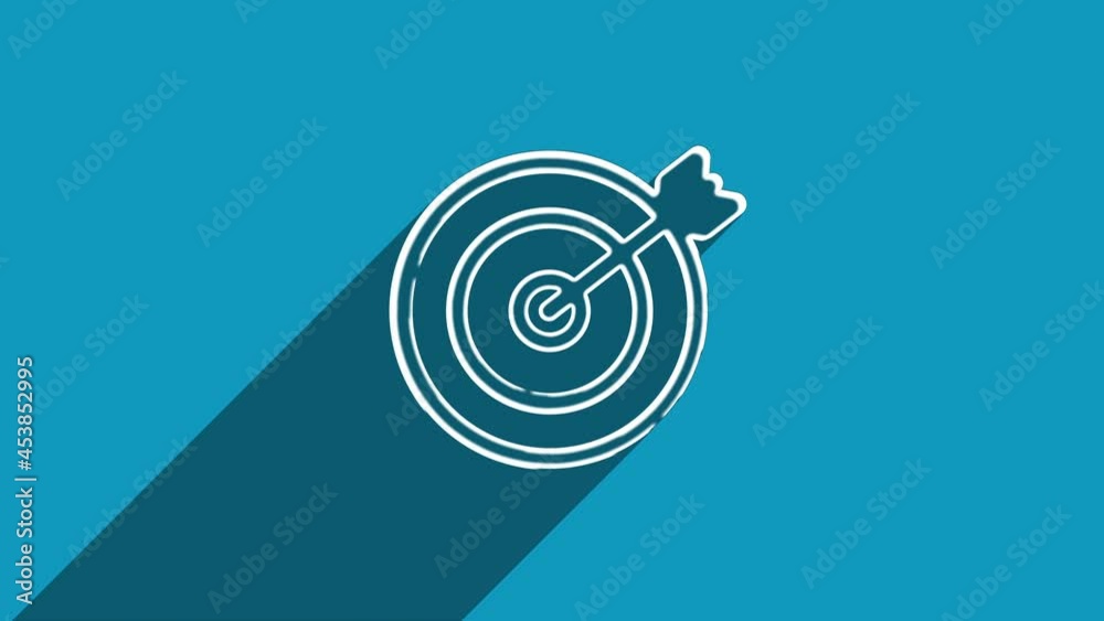 Leinwandbilder White line target with arrow icon with shadow isolated on blue background. Shadow reflection design. 4K video motion graphic animation.