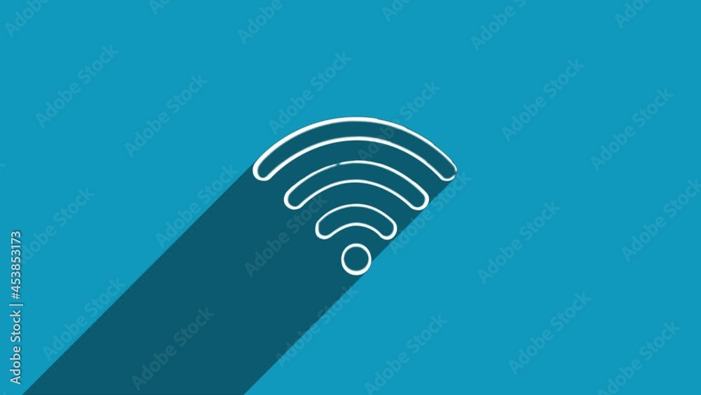 Poster White line wi-fi wireless internet network symbol icon with shadow isolated on blue background. Shadow reflection design. 4K video motion graphic animation.