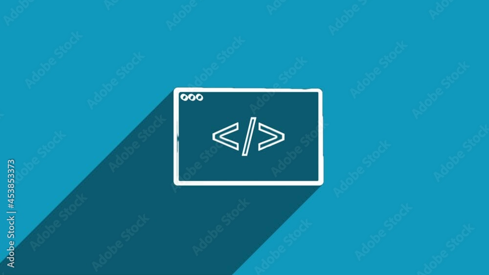 Poster White line web design and front end development icon with shadow isolated on blue background. Shadow reflection design. 4K video motion graphic animation.