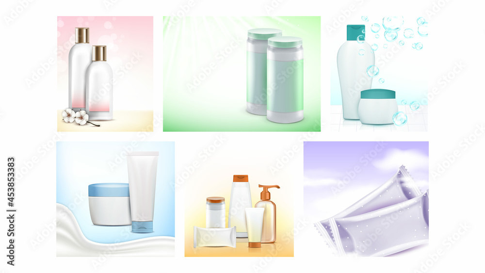 Wall mural Baby Cosmetics Promotional Posters Set Vector. Shampoo And Gel, Lotion And Cream, Wet Wipes And Powder Baby Cosmetics Blank Packages Collection Advertise Banners. Style Concept Layout Illustrations