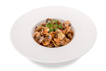 Clams with tomato sauce with parsley sprig in white plate isolated on white
