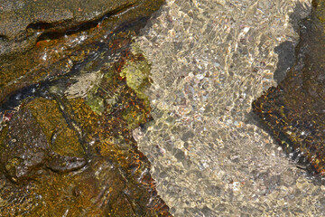 Sand and stones on under a layer of water on a sunny day with beautiful highlights