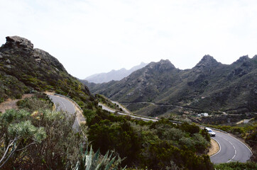 TENERIFE, SPAIN: Scenic landscape view of the Anaga natural park rocks and roads