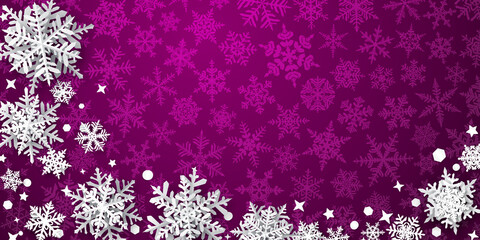 Christmas background of paper snowflakes with soft shadows, white on purple background with falling snow