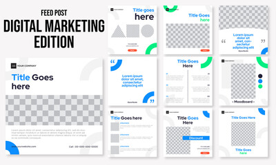 Set of editable social media instagram post digital marketing, technology, internet marketing with blue color design vector template ai & eps 10