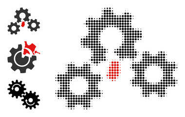 Halftone broken gear mechanism. Dotted broken gear mechanism made with small round points. Vector illustration of broken gear mechanism icon on a white background.