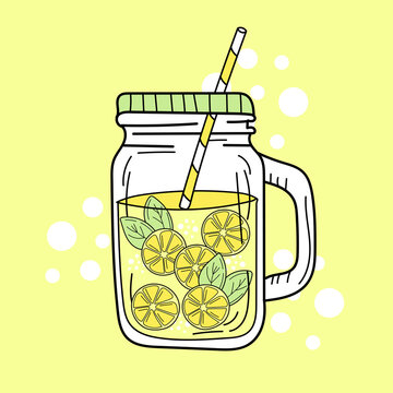 Yellow lemons and lemonade in glass jar. Fresh summer drink.Hand drawn image. Detox and healthy life.