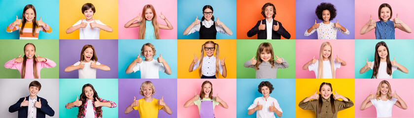 Collage photo of multiple different mixed races friendly schoolchildren boys girls show thumbs up...