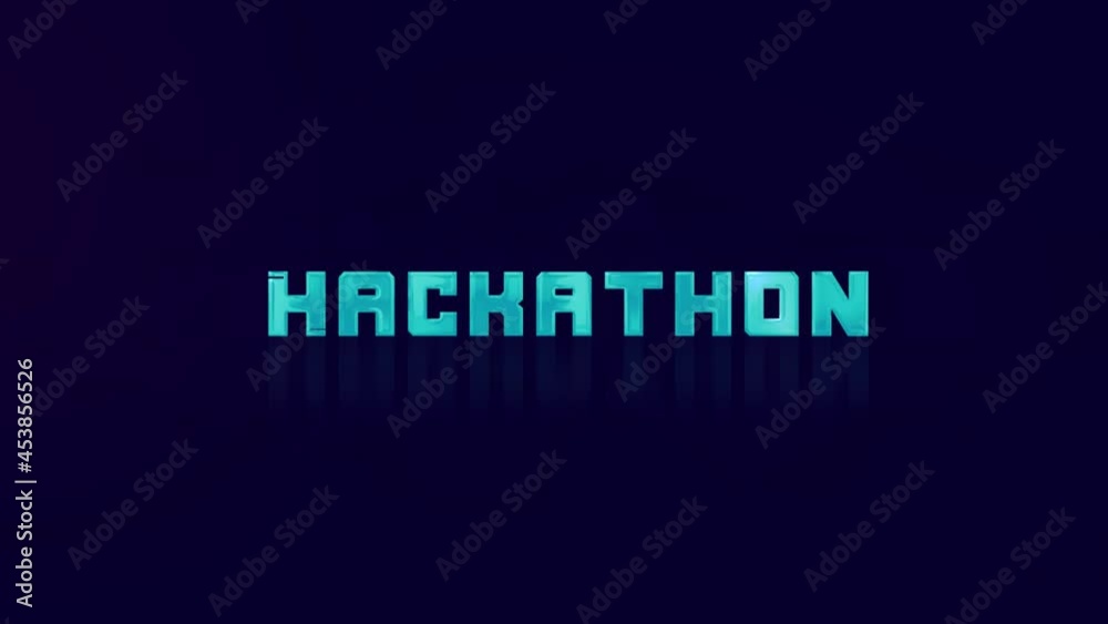 Poster animation of retro hackathon text glitching on blue background. old tv glitch interference screen. 4