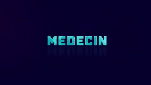 Animation of retro MEDECIN text glitching on blue background. Old tv glitch interference screen. 4K Video motion graphic animation.
