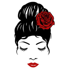 Messy bun red rose woman's face