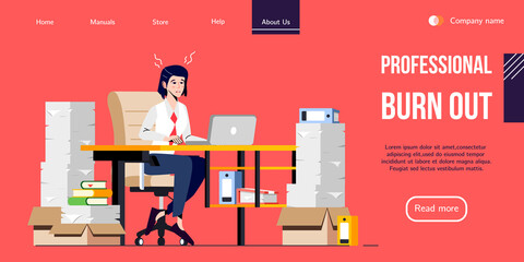 Stressed Office Worker sitting Behind the Desk and uses Laptop. Vector Banner Design for Professional Help with Work Stress or Burnout Syndrome. Landing Page for Stress Management Courses.