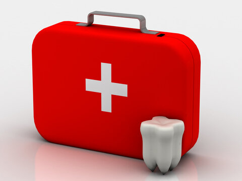 3d rendering first aid box and teeth with pills