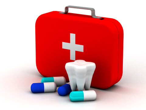 3d rendering first aid box and teeth with pills