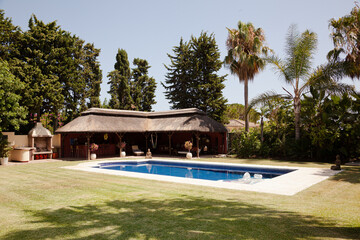 Luxury patio overlooking swimming pool