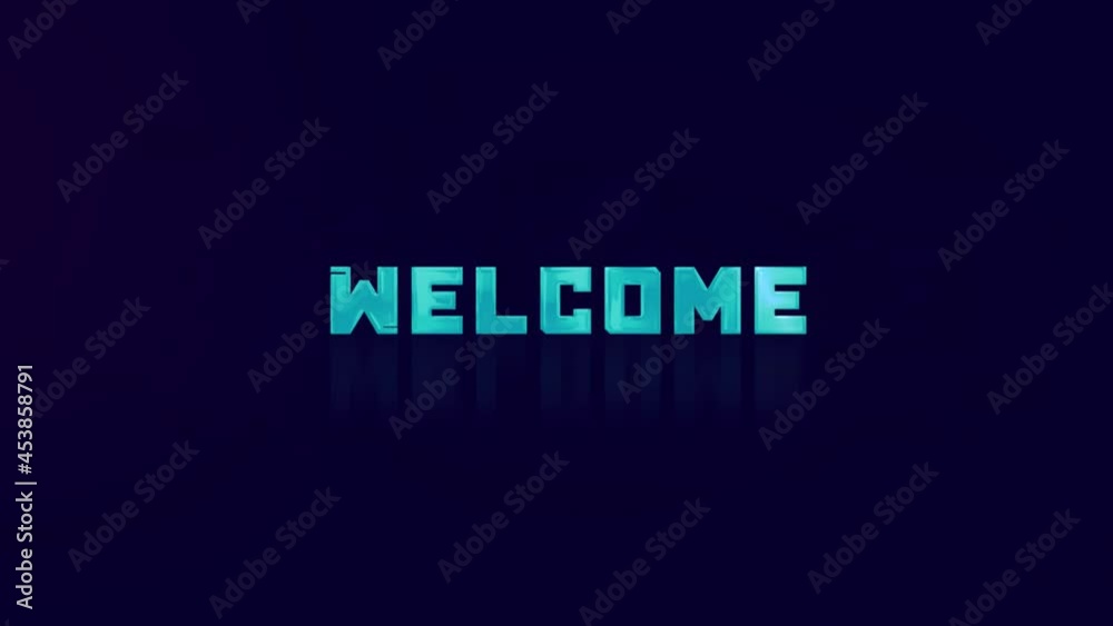 Poster animation of retro welcome text glitching on blue background. old tv glitch interference screen. 4k 