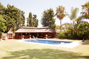 Luxury patio overlooking swimming pool