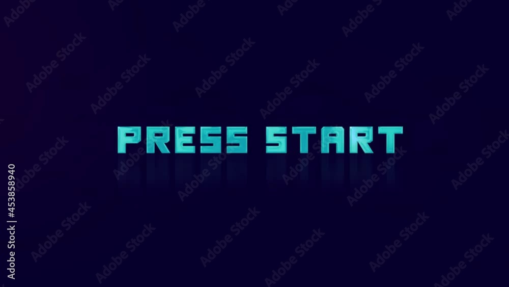 Poster animation of retro press start text glitching on blue background. old tv glitch interference screen.