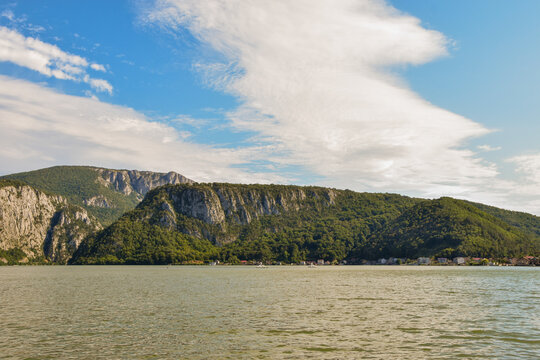 Danube Gorges, Cazanele Mari, Romania. August 2021: Where the Danube meets the Carpathian Mountains
