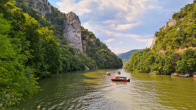 Danube Gorges, Cazanele Mari, Romania. August 2021: Where the Danube meets the Carpathian Mountains