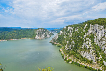 Danube Gorges, Cazanele Mari, Romania. August 2021: Where the Danube meets the Carpathian Mountains