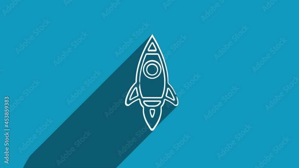 Poster white line rocket ship icon with shadow isolated on blue background. shadow reflection design. 4k vi