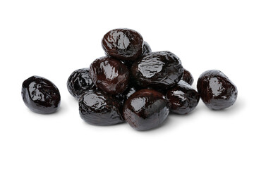 Heap of traditional Moroccan black breakfast olives close up isolated on white background 