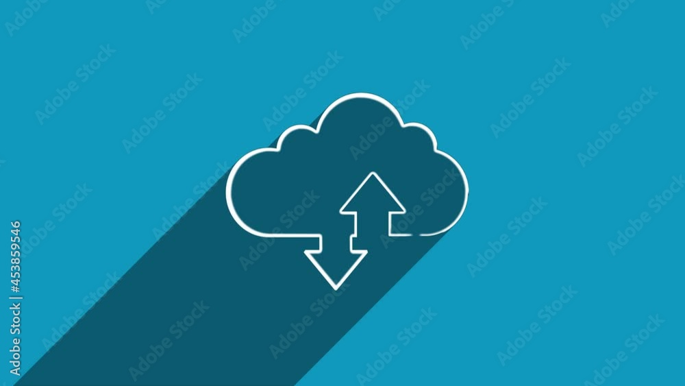 Poster White line cloud download and upload icon with shadow isolated on blue background. Shadow reflection design. 4K video motion graphic animation.
