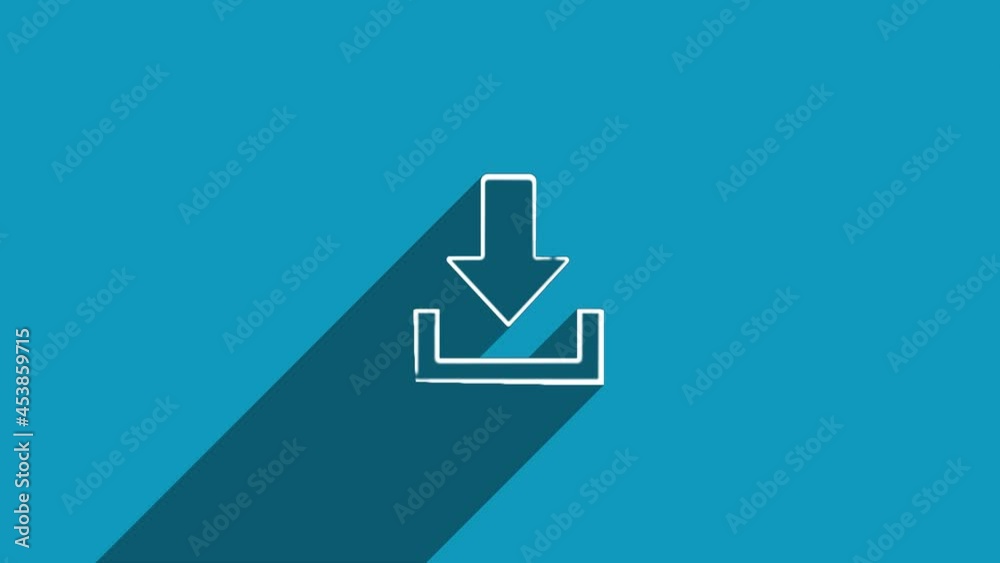 Poster white line download icon with shadow isolated on blue background. shadow reflection design. 4k video