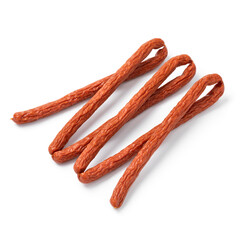 Whole smoked polish cabanossi sausages isolated on white background 