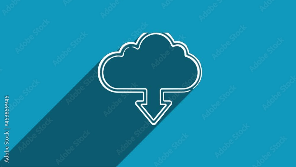 Poster white line cloud download icon with shadow isolated on blue background. shadow reflection design. 4k