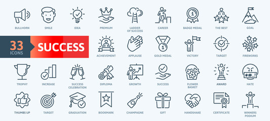 Fototapeta Web Set of Success, Goals and Target Related Vector Thin Line Icons. Contains such Icons as Achievment, Handshake, Victory and more. Outline icons collection. Simple vector illustration. obraz
