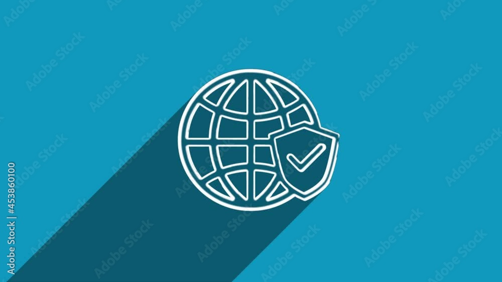 Poster white line earth globe with checkmark icon with shadow isolated on blue background. shadow reflectio