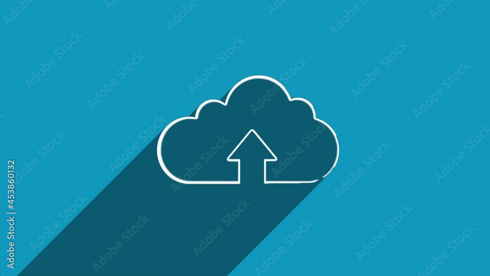 Poster White line cloud upload icon with shadow isolated on blue background. Shadow reflection design. 4K video motion graphic animation.