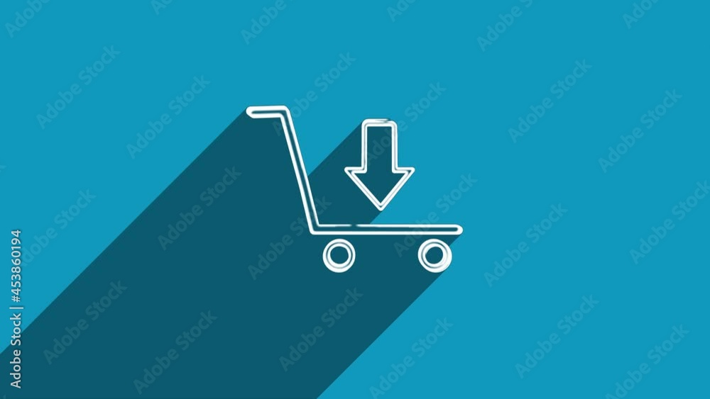Aufkleber White line shopping cart icon with shadow isolated on blue background. Shadow reflection design. 4K video motion graphic animation.