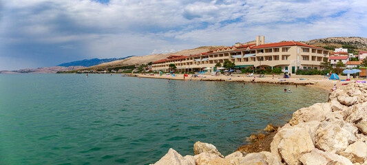 Panoramatic view on Adriatic coastline in Croatia on the way to Pag - obrazy, fototapety, plakaty
