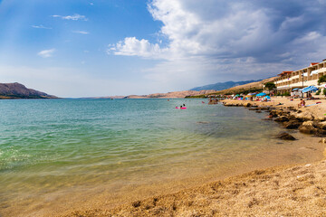 Panoramatic view on Adriatic coastline in Croatia on the way to Pag - obrazy, fototapety, plakaty